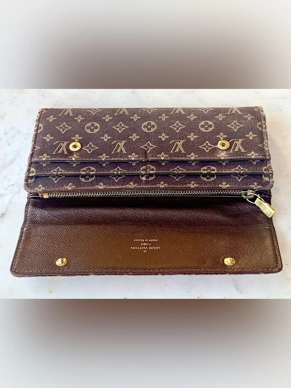 LOUIS VUITTON MINI LIN SARAH Brown CLOTH Monogram Continental Wallet VINTAGE